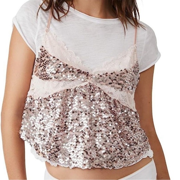 New Free People Right Rhythm Sequin Cami Champagne Pink Size Medium - Picture 3 of 10